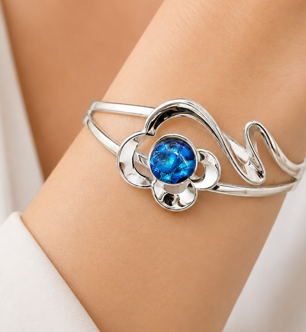 Blue Dichroic Glass Cuff Bracelet Silver Tone Sculptural Coastal Chic Statement